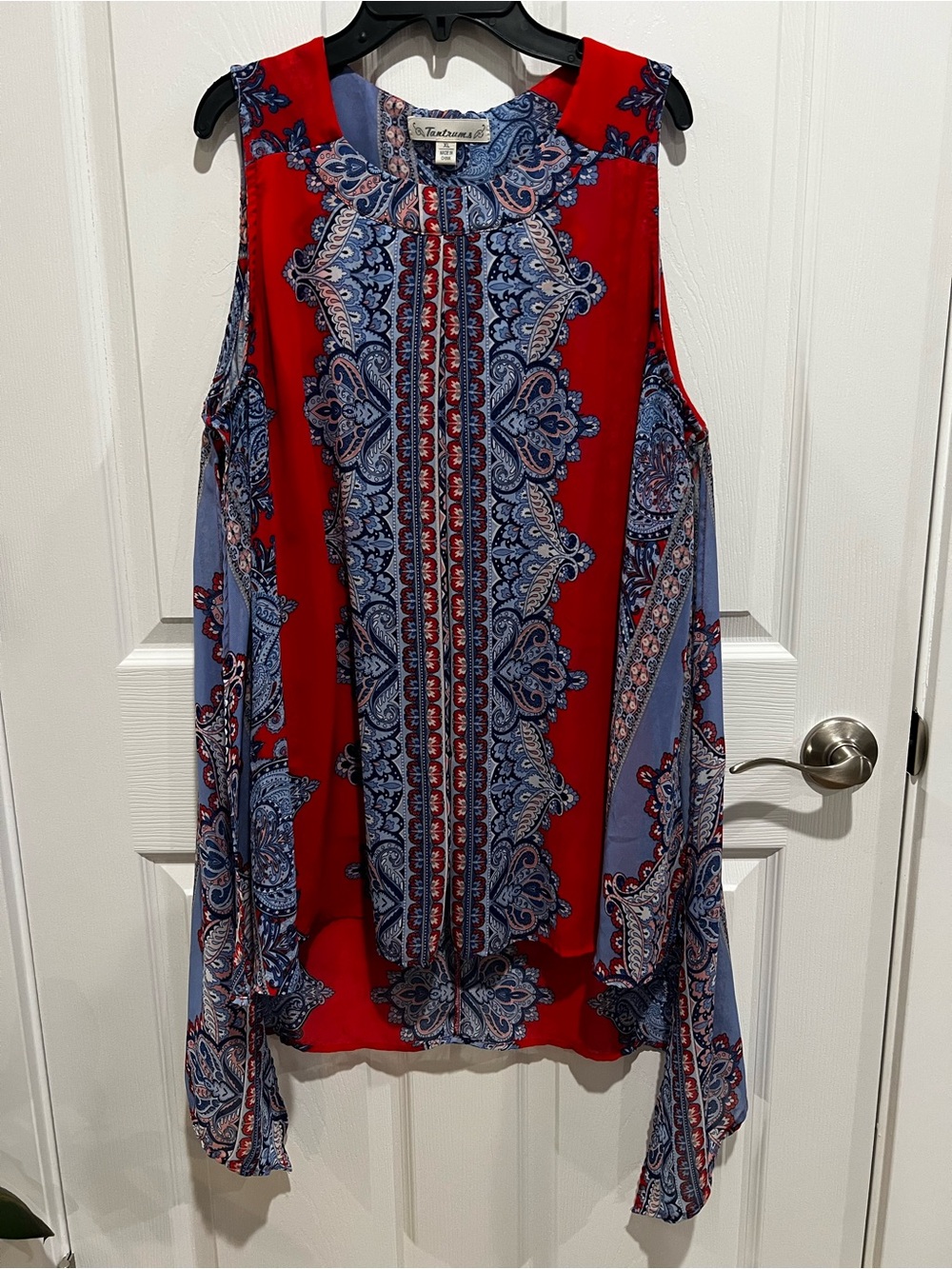 Tantrums Red and Blue Paisley Cold-Shoulder Blouse